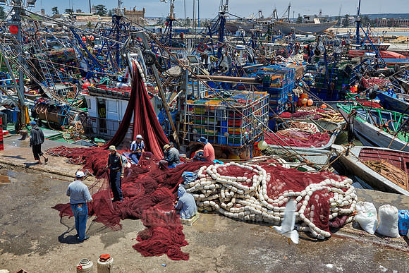fishing nets and boats in harbor of Essaouira