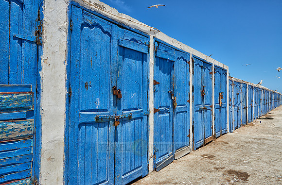 locked wooden blue doors in row from fishery equipment sheds