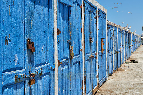 locked wooden blue doors in row from fishery equipment sheds