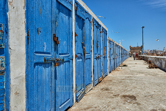 locked wooden blue doors in row from fishery equipment sheds