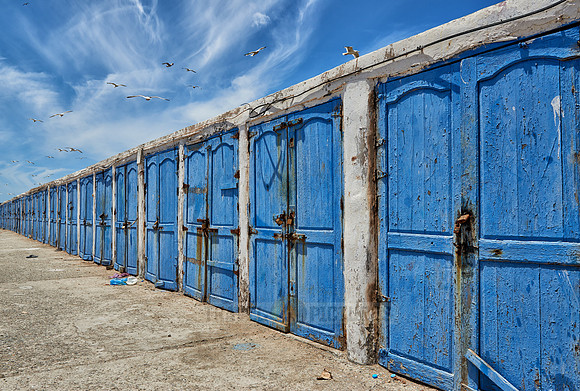 locked wooden blue doors in row from fishery equipment sheds