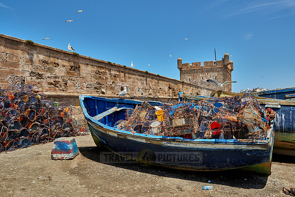 fishing boat with weirs in front of citadel of  Essaouira