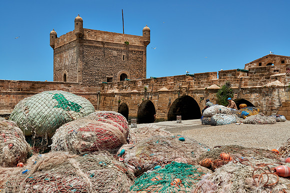 fishing nets in front of citadel of  Essaouira