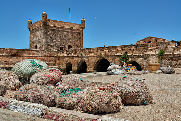 fishing nets in front of citadel of  Essaouira