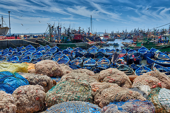 fishing nets and boats in harbor of Essaouira
