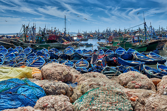 fishing nets and boats in harbor of Essaouira