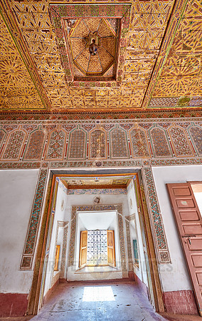 inside shot with decorated ceiling inside Kasbah Taourirt