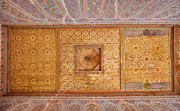 inside shot with decorated ceiling inside Kasbah Taourirt