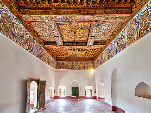 inside shot with decorated ceiling inside Kasbah Taourirt