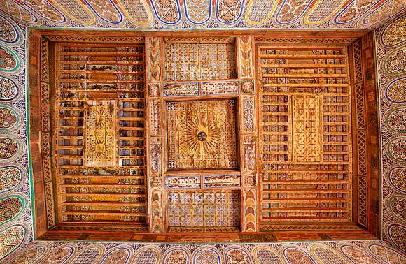 inside shot with decorated ceiling inside Kasbah Taourirt