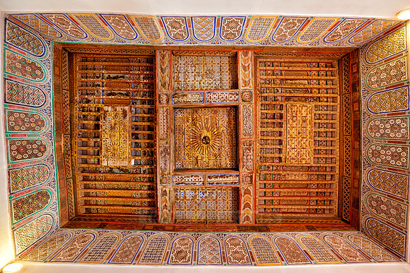 inside shot with decorated ceiling inside Kasbah Taourirt