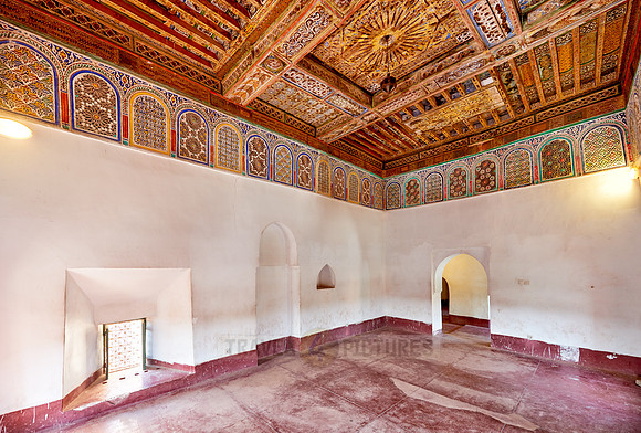 inside shot with decorated ceiling inside Kasbah Taourirt
