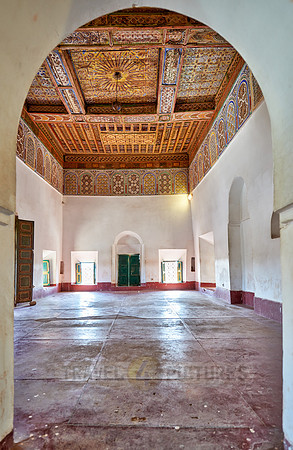 inside shot with decorated ceiling inside Kasbah Taourirt