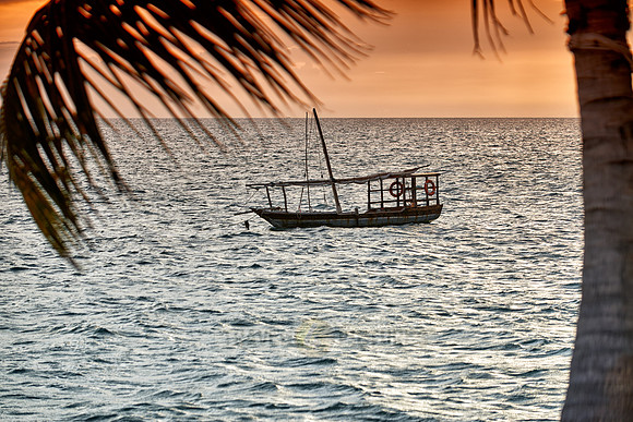 dhow swings in sea at sunset