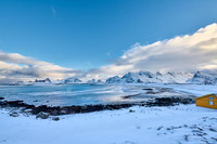 winter landscape with sea and mountains at Sandbotnen, Lofoten