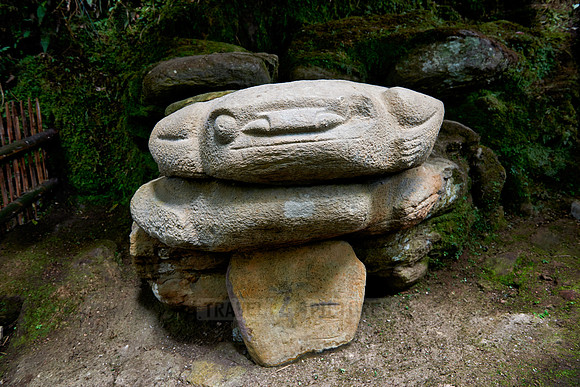 stone statue of a frog or toad at Alto de Lavapasta|