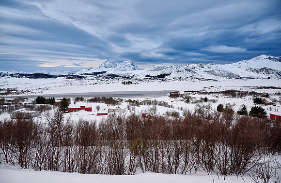 winter landscape of Vestvågøy seen from viewpoint of Torvdalshalsen rest point, Lofoten