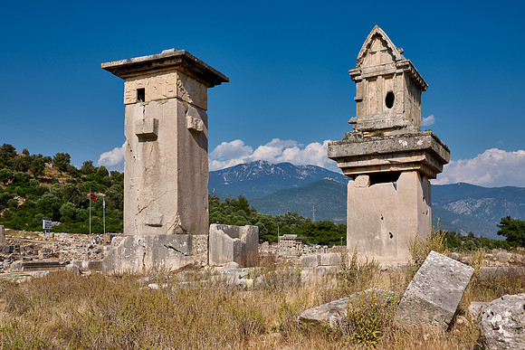 Sarcophagus and Harpy Pillar in ruins of ancient city Xanthos