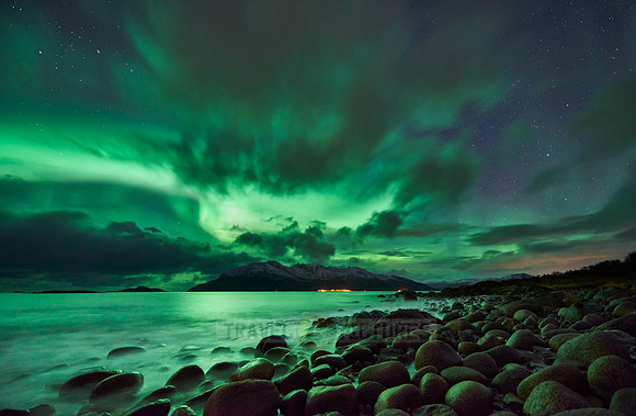 Aurora Borealis or northern lights over Kaldfjord