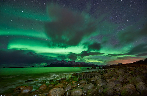 Aurora Borealis or northern lights over Kaldfjord