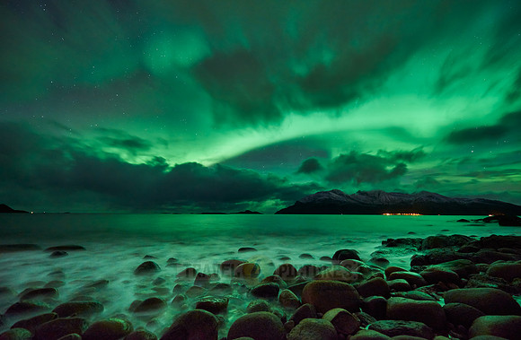 Aurora Borealis or northern lights over Kaldfjord