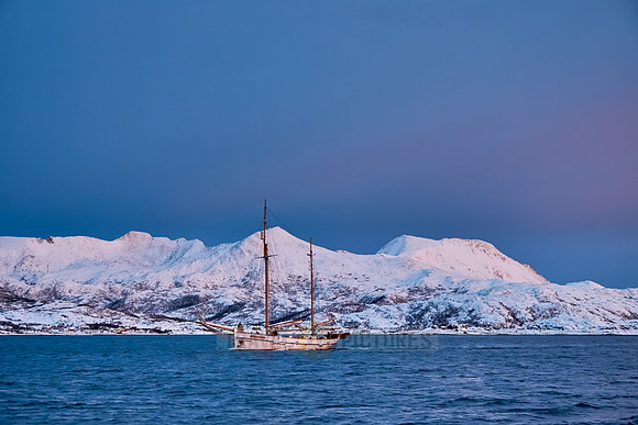 sunrise over fjord with winter landscape and sail ship