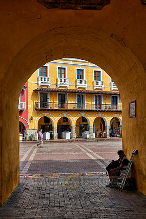 typical colorful facades at Plaza de Los Coches