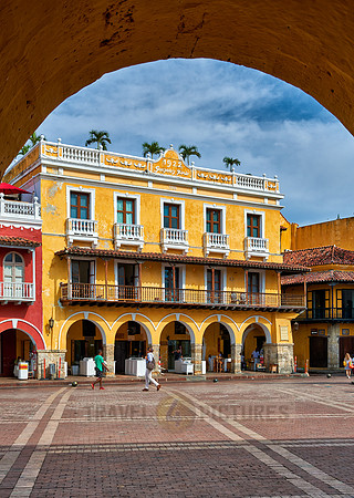 typical colorful facades at Plaza de Los Coches