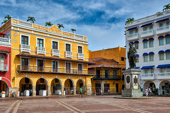 typical colorful facades at Plaza de Los Coches