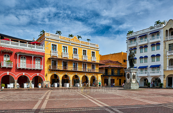typical colorful facades at Plaza de Los Coches