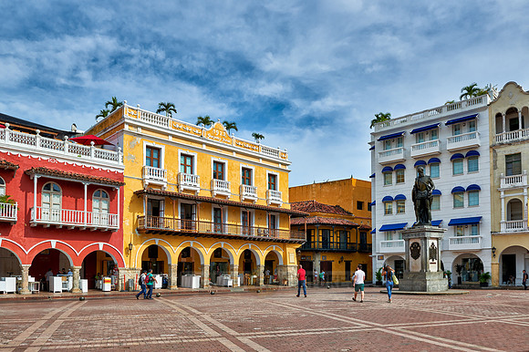 typical colorful facades at Plaza de Los Coches