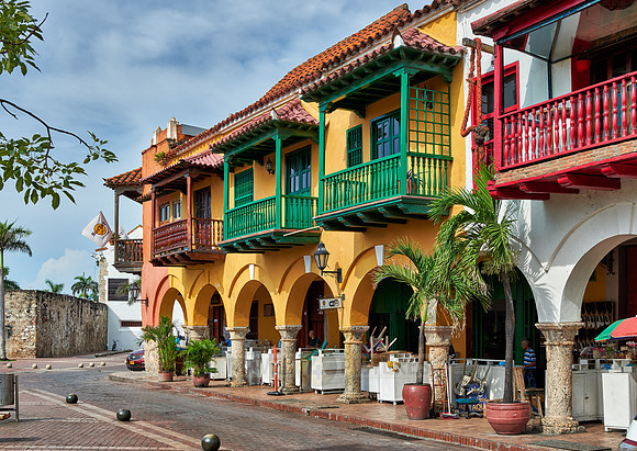typical colorful facades at Plaza de Los Coches