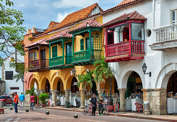 typical colorful facades at Plaza de Los Coches