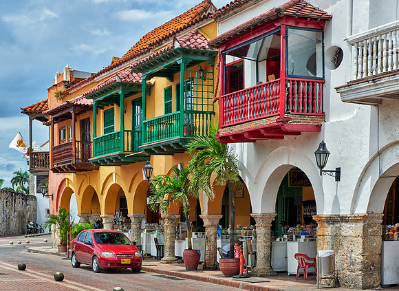 typical colorful facades at Plaza de Los Coches