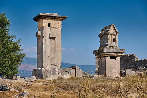 Sarcophagus and Harpy Pillar in ruins of ancient city Xanthos