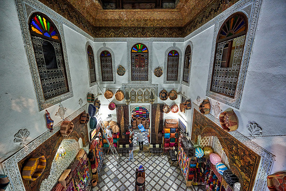 leather shop beneath tannery of Fez