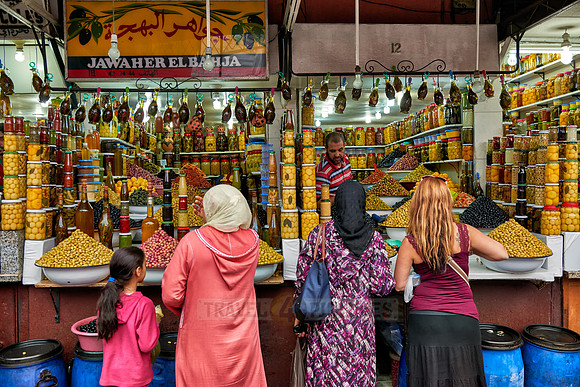 olives market stall on food market in Marrakesh