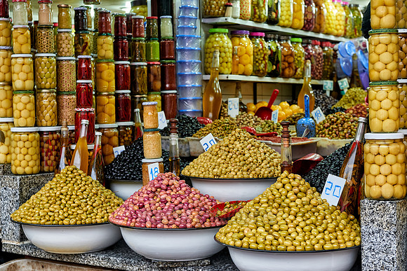olives market stall on food market in Marrakesh