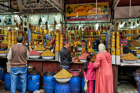 olives market stall on food market in Marrakesh