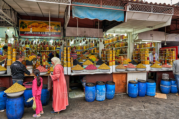 olives market stall on food market in Marrakesh