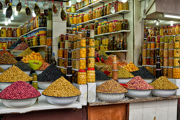 olives market stall on food market in Marrakesh
