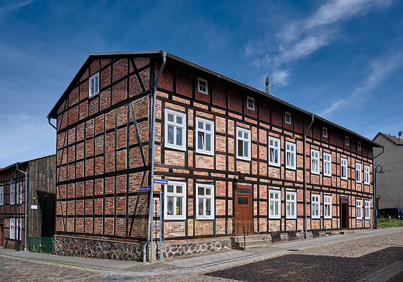 typical historic half-timbered houses in Fuerstenberg/Havel