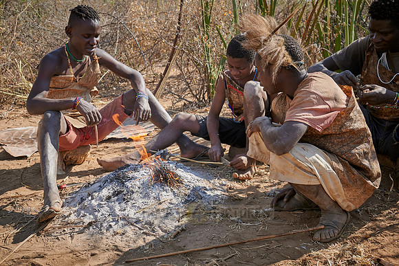 bushmen of Hasabe tribe sitting around a fireplace and broiling a bird