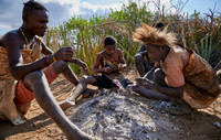 bushmen of Hasabe tribe sitting around a fireplace and broiling a bird