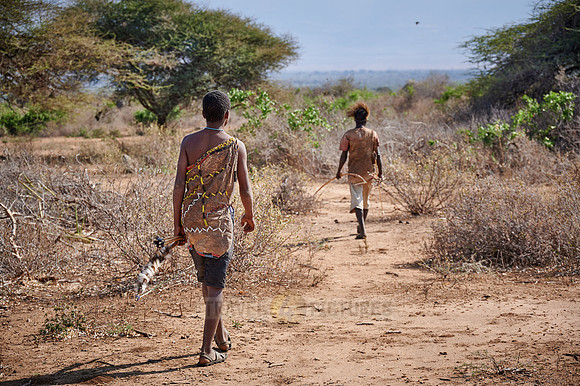 hunting bushmen of Hadza tribe with bow and arrow