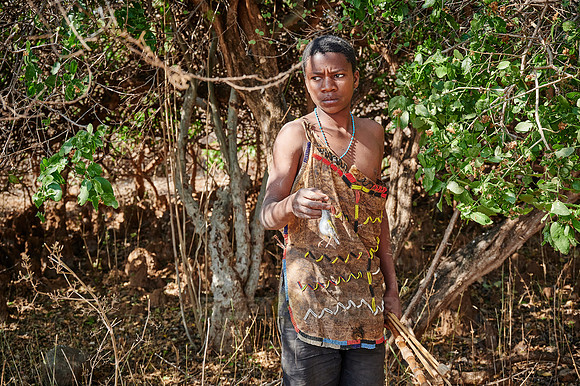 hunting bushmen of Hadza tribe with bow and arrow