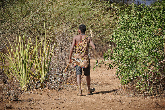 hunting bushmen of Hadza tribe with bow and arrow