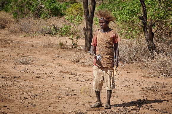 hunting bushmen of Hadza tribe with bow and arrow