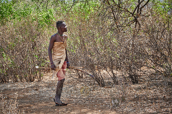 hunting bushmen of Hadza tribe with bow and arrow