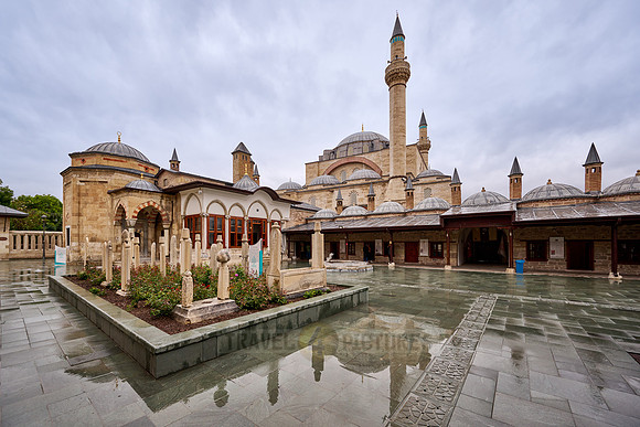 outside view of museum of Mevlana Rumi with Selimiye Mosque behind